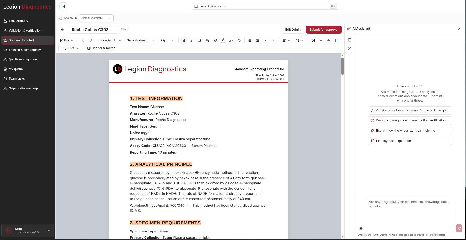Document control in the Legion Diagnostics SOP editor with approval-ready draft